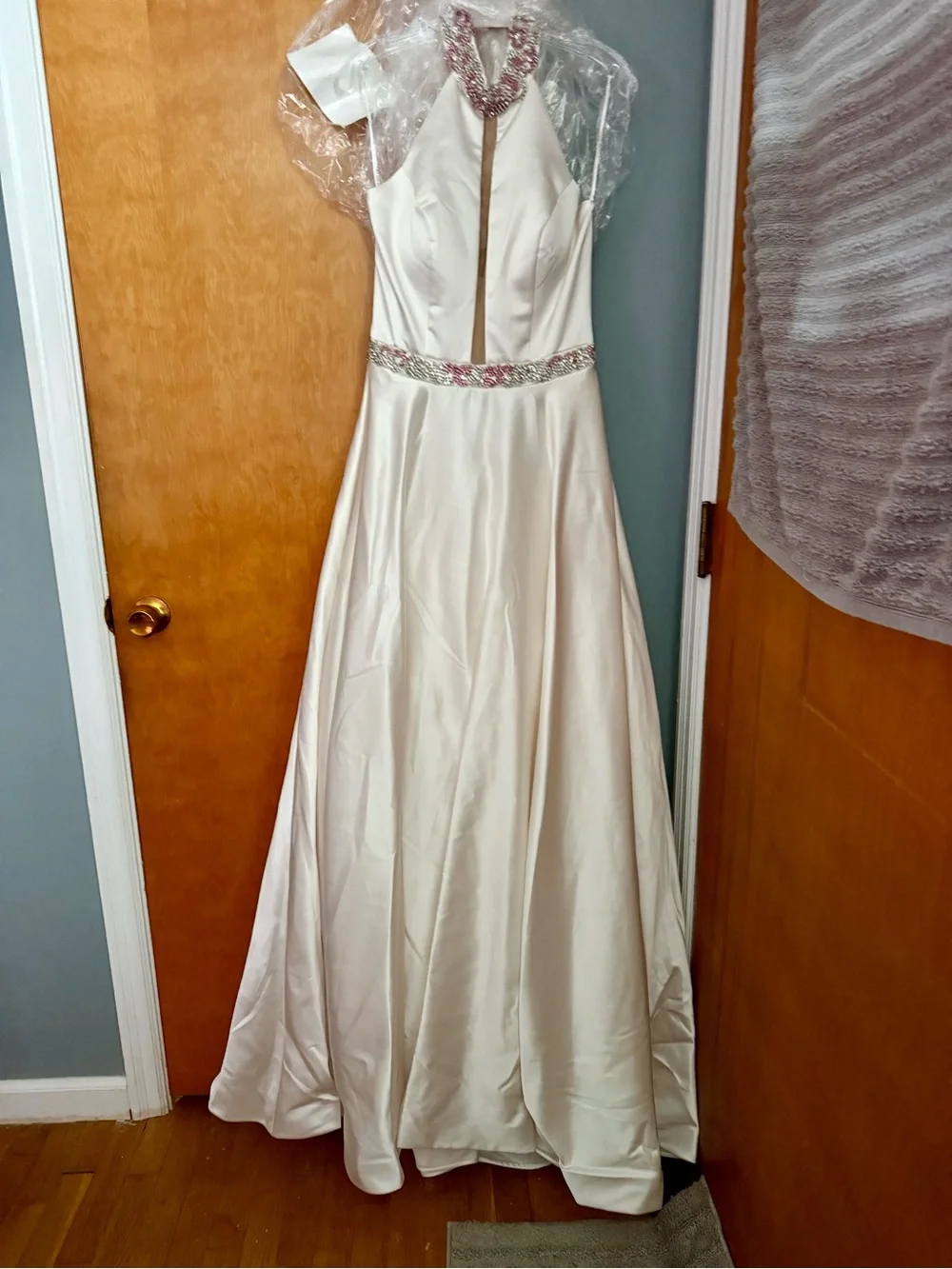 Sherri Hill White jeweled halter ball gown with illusion panel - Picture 5 of 12
